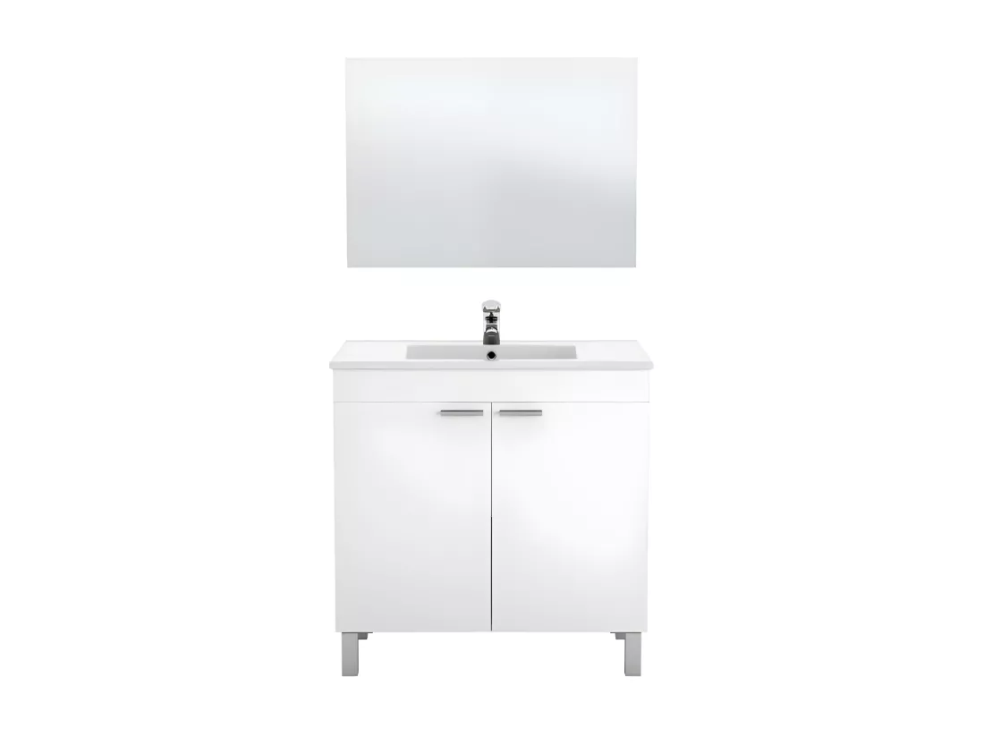 Meuble sous vasque 2 portes 80 cm + vasque + miroir Blanc - TICLY