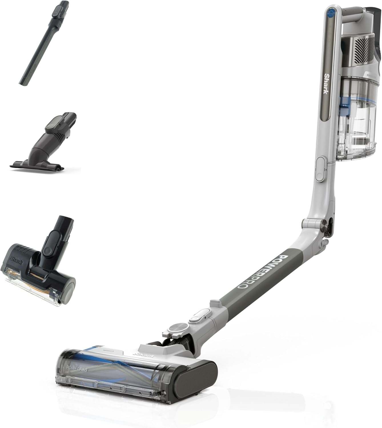 Shark PowerPro Akku-Staubsauger freistehend, bis 50 Min. Laufzeit, kabellos, beutellos, für Tierhaare, Allergiker, Teppich und Hartböden, mit LED-Licht und Knickgelenk-Rohr, grau metallic, IZ380EUT