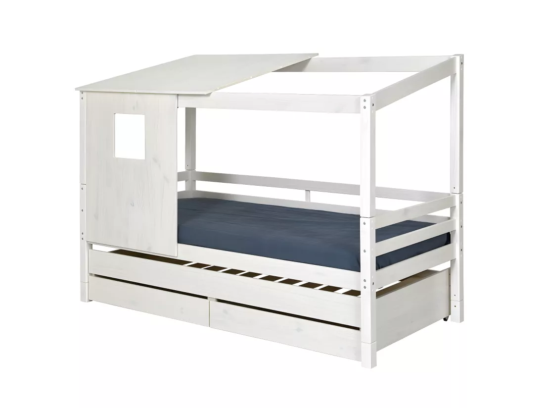 Pack lit cabane gigogne avec 2 matelas 90x200 cm bois massif blanc ALMA
