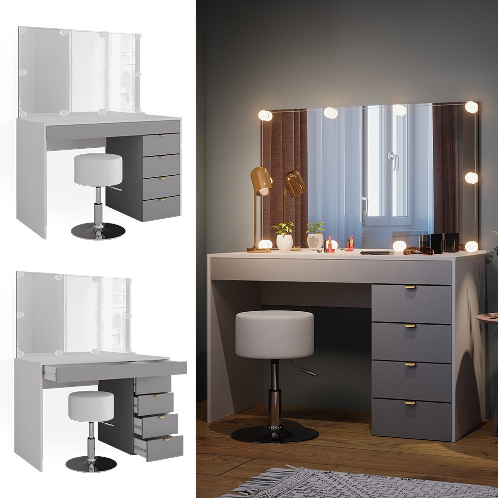 Vicco Schminktisch Elise Weiß Grau 115 x 76 cm modern Frisiertisch Schubladen Spiegel Hocker LED-Beleuchtung