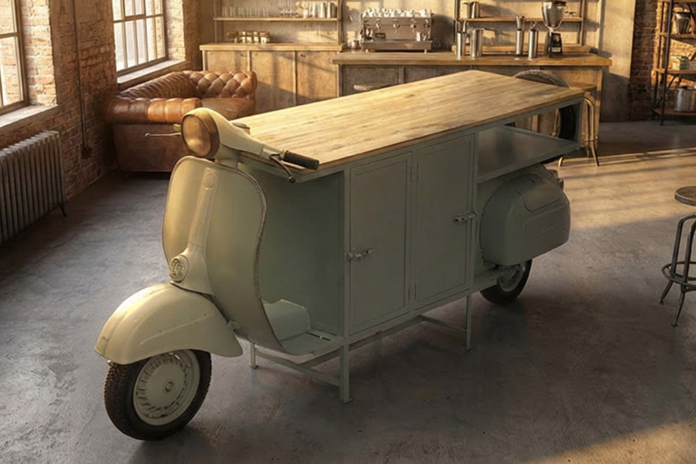 Extravaganter Barschrank SCOOTER 250cm salbei Retro-Konsole Motorroller mit Mangoholz Upcycling