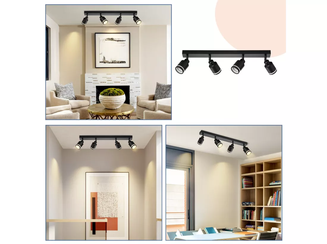 NETTLIFE Plafonnier noir moderne : 4 spots de plafond orientables en métal, plafonnier GU10, pour chambre, salle à manger, sans ampoule