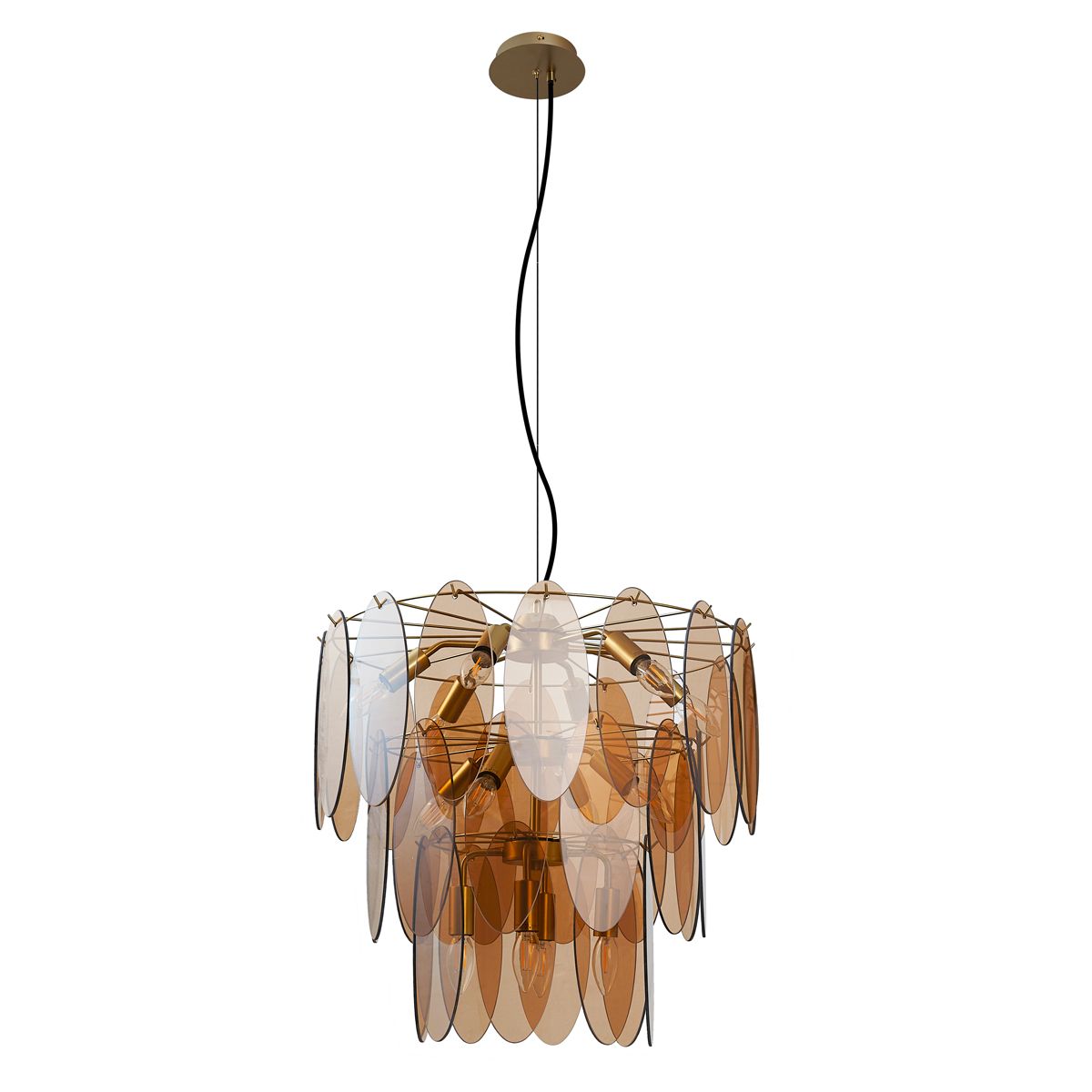 Art Deco hanglamp goud met amber glas ovaal 14-lichts - Mochan