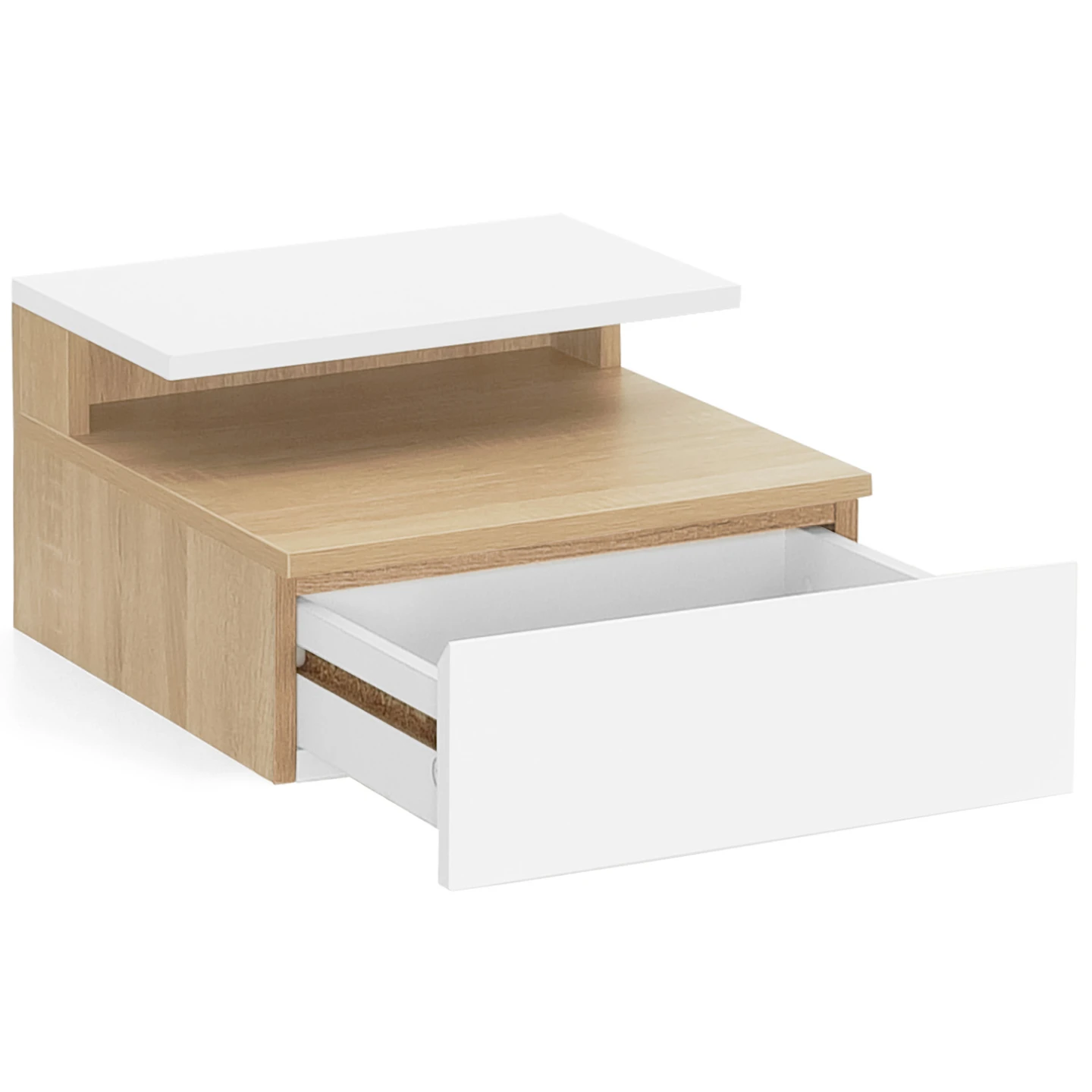 Lot de 2 tables de chevet murales TOMI 1 tiroir + 1 tablette étagère suspendue + 1 tablette façon hêtre et blanc