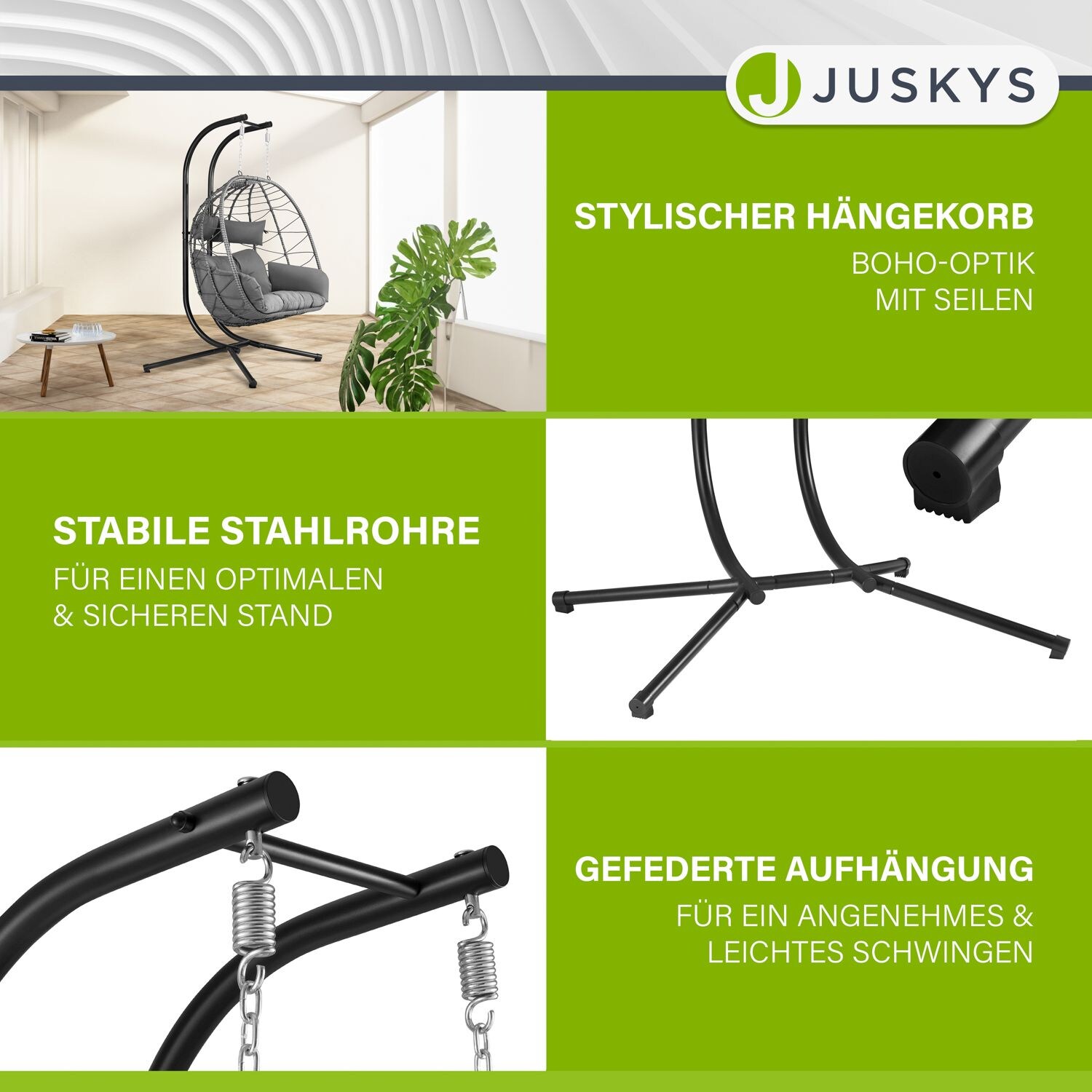 Juskys Doppelhängesessel Aria - Polyrattan Hängesessel mit Gestell & Kissen - 2 Personen - Grau