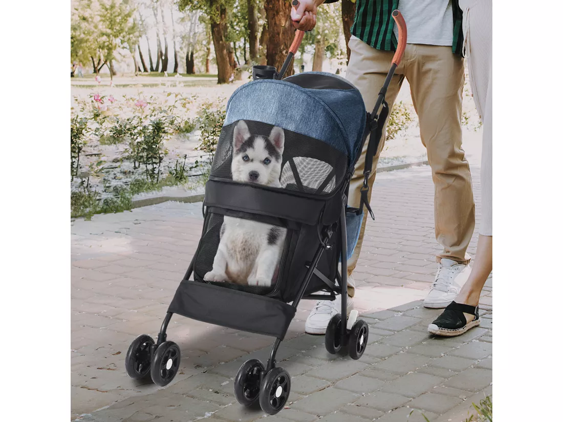 YITAHOME Poussette pour Chiens de Petite et Moyenne Taille - à 4 Roues avec Bretelles - Pliable - Porte-Gobelet - Bleu Marine