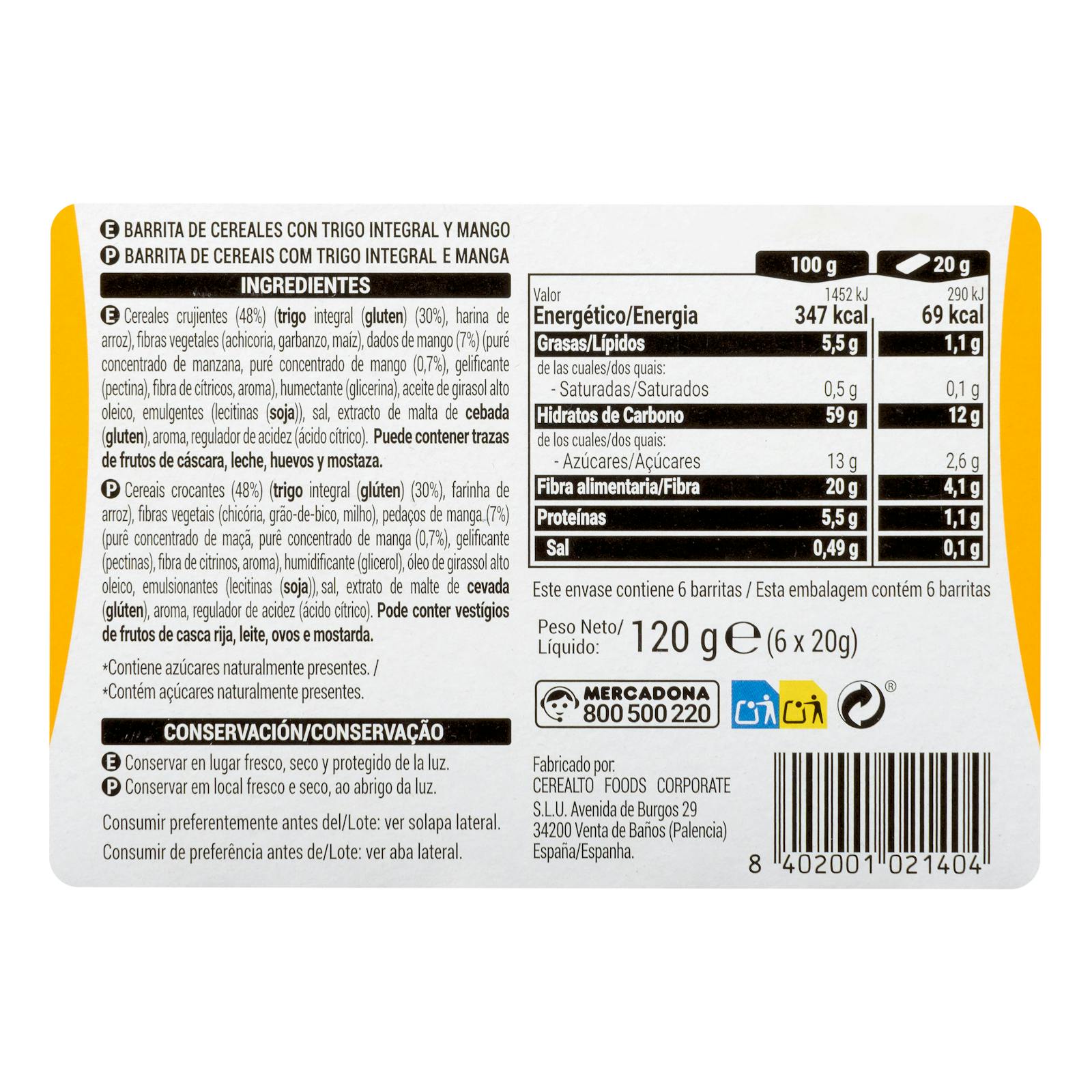 Barres de céréales à saveur de mangue Hacendado