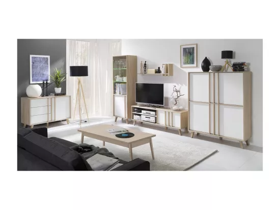 Meuble TV MALMO 150 cm coloris chêne clair et blanc