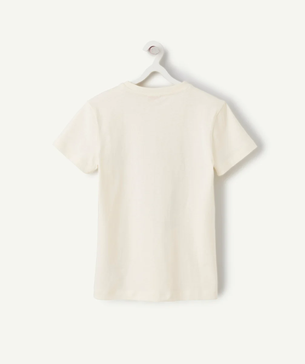 T-SHIRT GARÇON EN COTON BIO ÉCRU AVEC MESSAGE ET SKATE