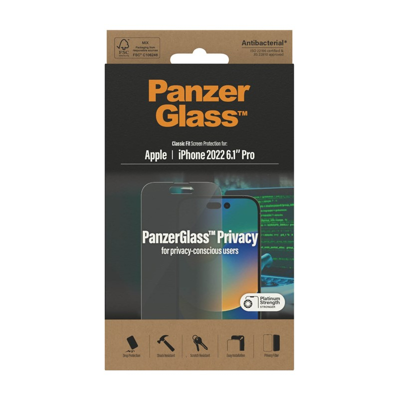 iPhone 14 Pro Antibakterielle Privacy Panzer Glas Displayschutz Case Friendly (P2768)