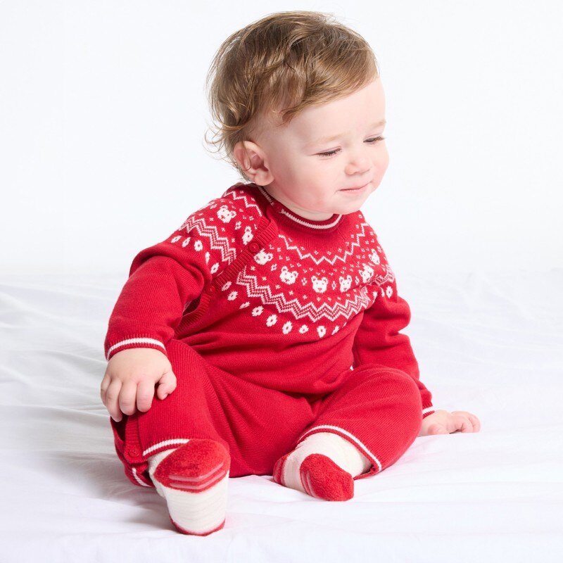 Combinaison longue maille tricot rouge bébé mixte Rouge