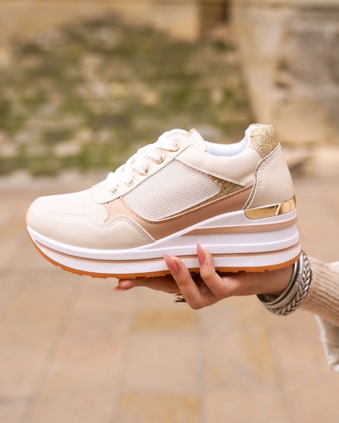 Basket compensée femme beige à lacets - Mira
