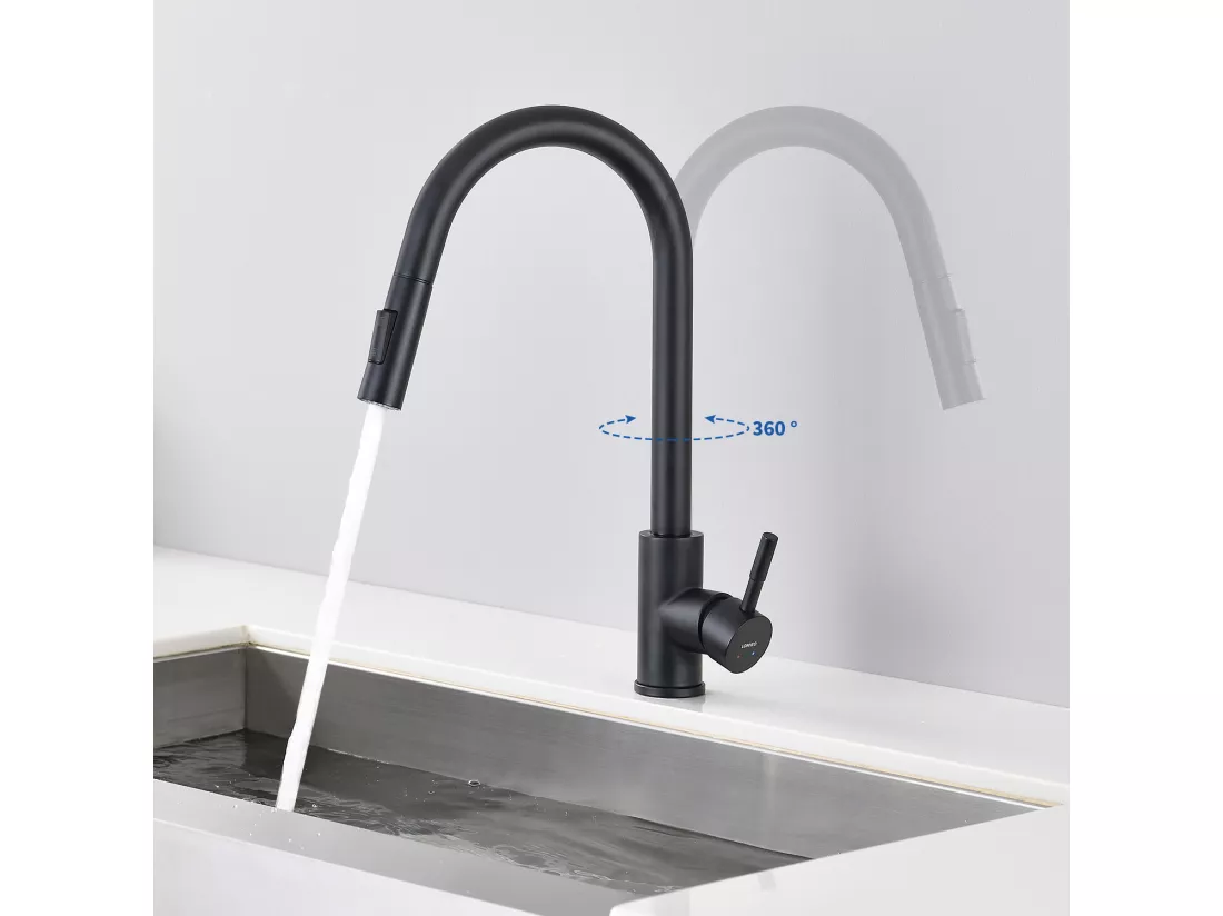 Mitigeur Cuisine avec Douchette Extractible Noir mat Rotatif à 360 °en Acier Inoxydable Robinet Cuisine d'Évier 2 Fonctions Mélangeur Cuisine