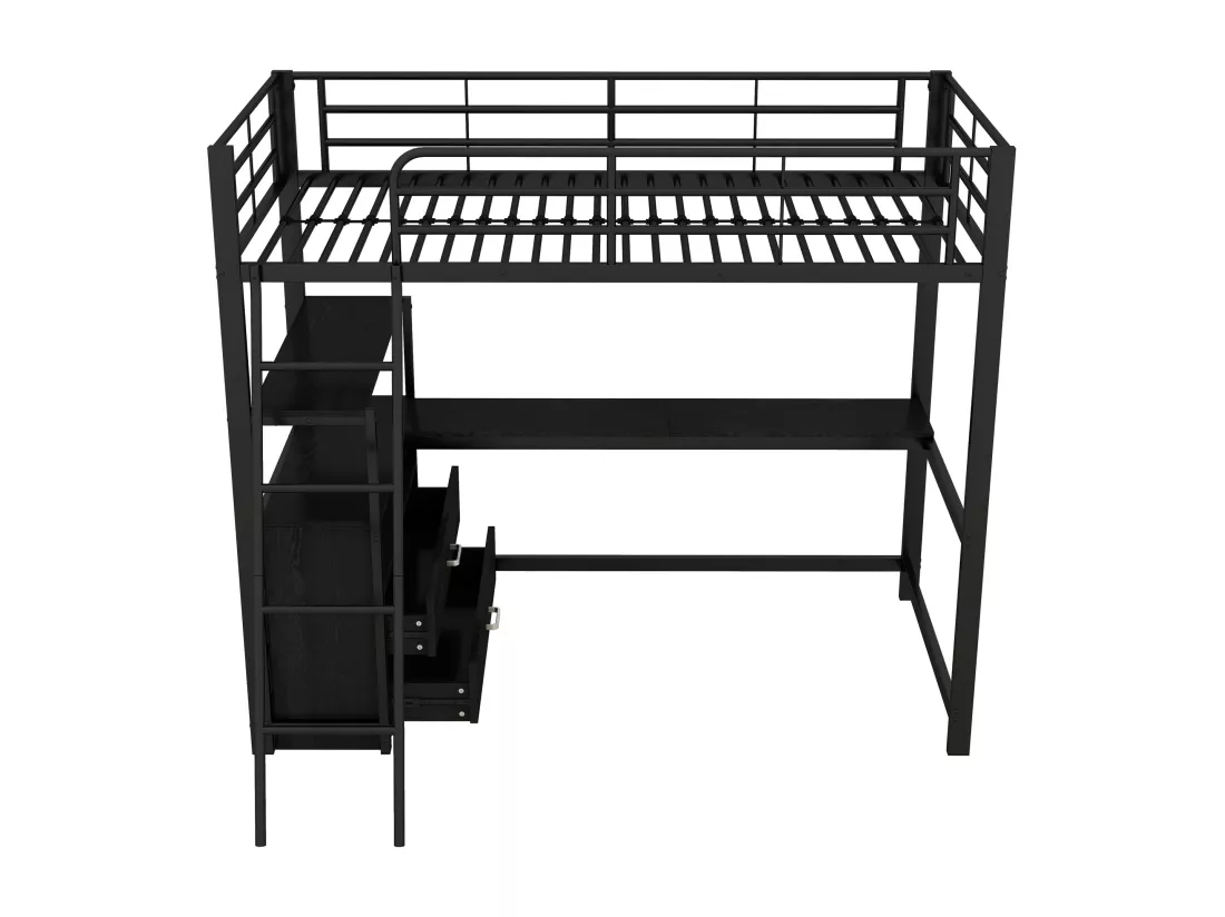 Lit mezzanine 90x200cm - bureau d'angle avec tiroirs - en MDF et métal - Noir