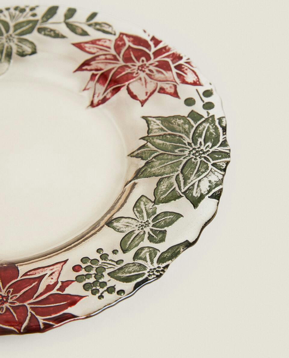 PRATO DE SOBREMESA DE VIDRO COM ESTAMPA DE POINSETTIA