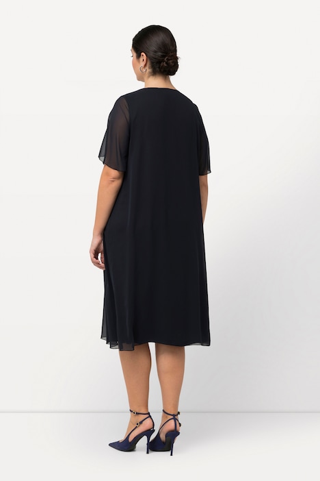 Chiffonkleid, Schmucksteine, A-Linie, Rundhals, Halbarm