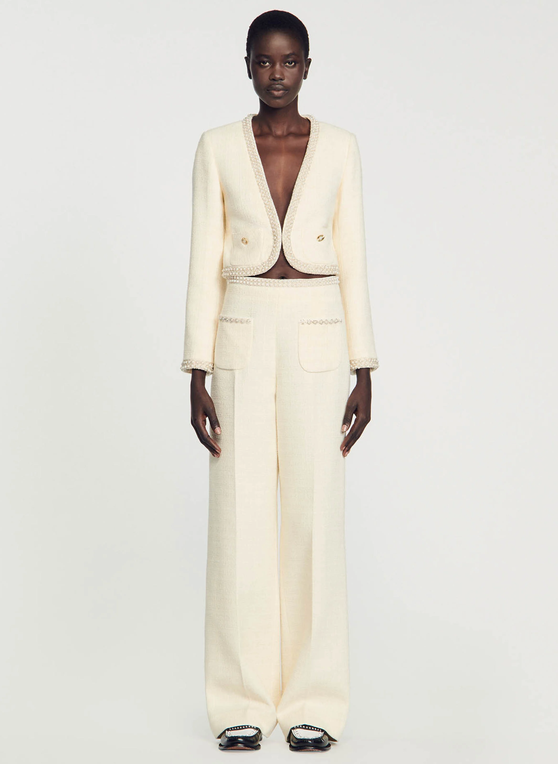 Pantalon large taille haute| Blanc