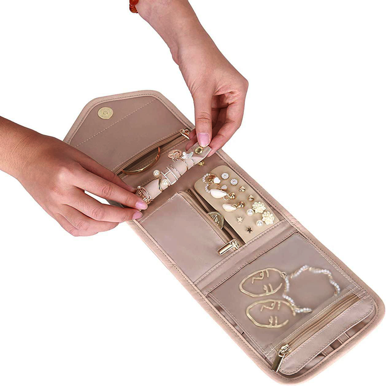 Faltbarer Reise Schmuck Organizer Aufbewahrungs Tasche für Ringe / Halskette / Ohrringe / Armbänder - Rosa