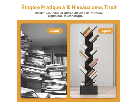 Bibliothèque à 10 niveaux en forme arbre avec tiroir tissu pliable style industriel, noir
