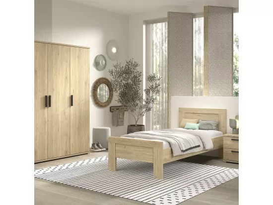 MARCO - Chambre Enfant Lit 90x200cm + Chevet + Armoire 3 Portes Aspect Chêne clair