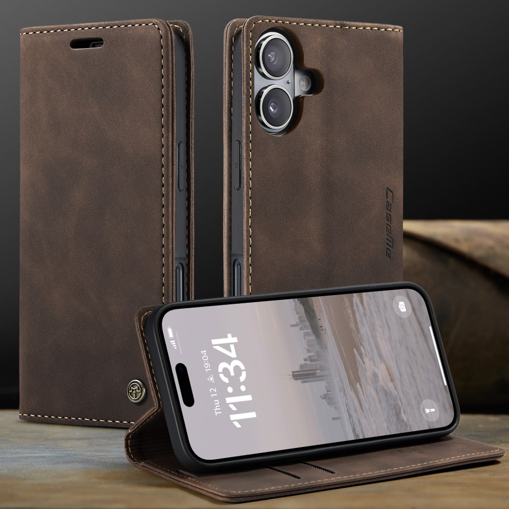 iPhone 16 Leder Tasche Flip Wallet Etui mit Kartenfächern - Braun