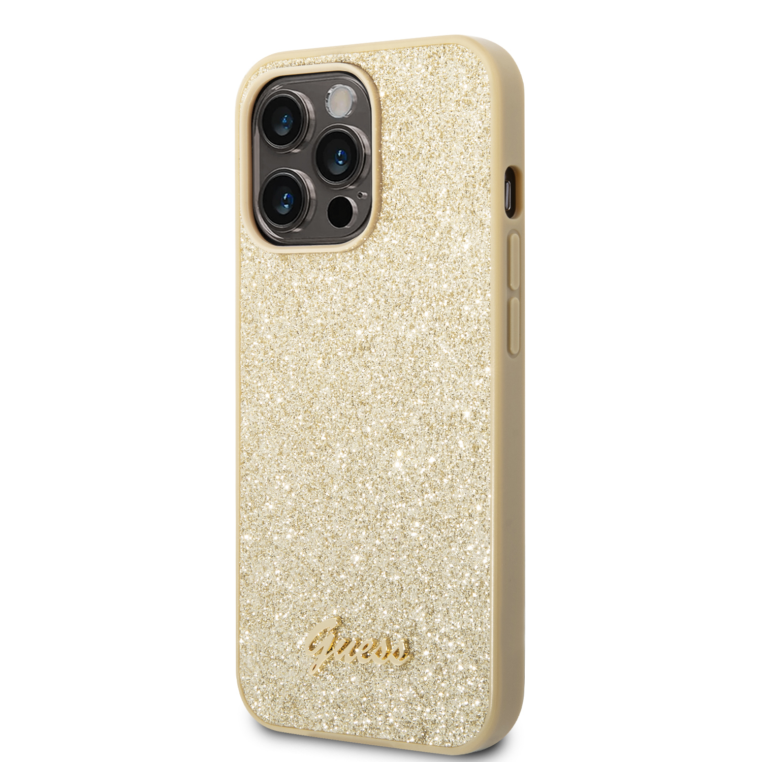 iPhone 14 Pro Max Hardcase Hülle Glitter Script (GUHCP14XHGGSHD) - Gold / Transparent