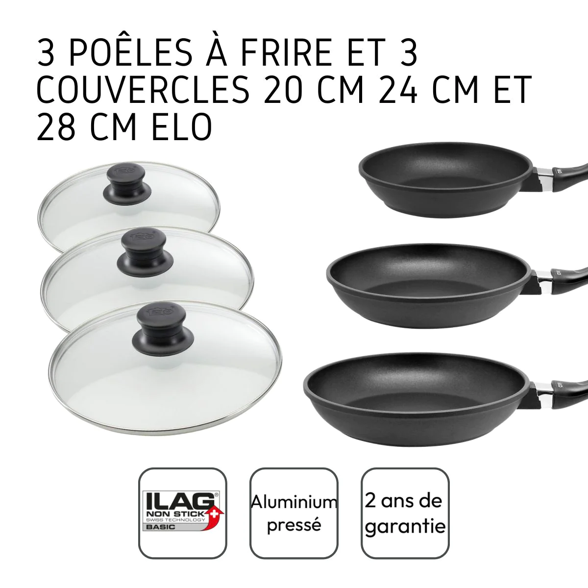 Ensemble de 3 poêles à frire et 3 couvercles en verre 20 cm 24 cm et 2