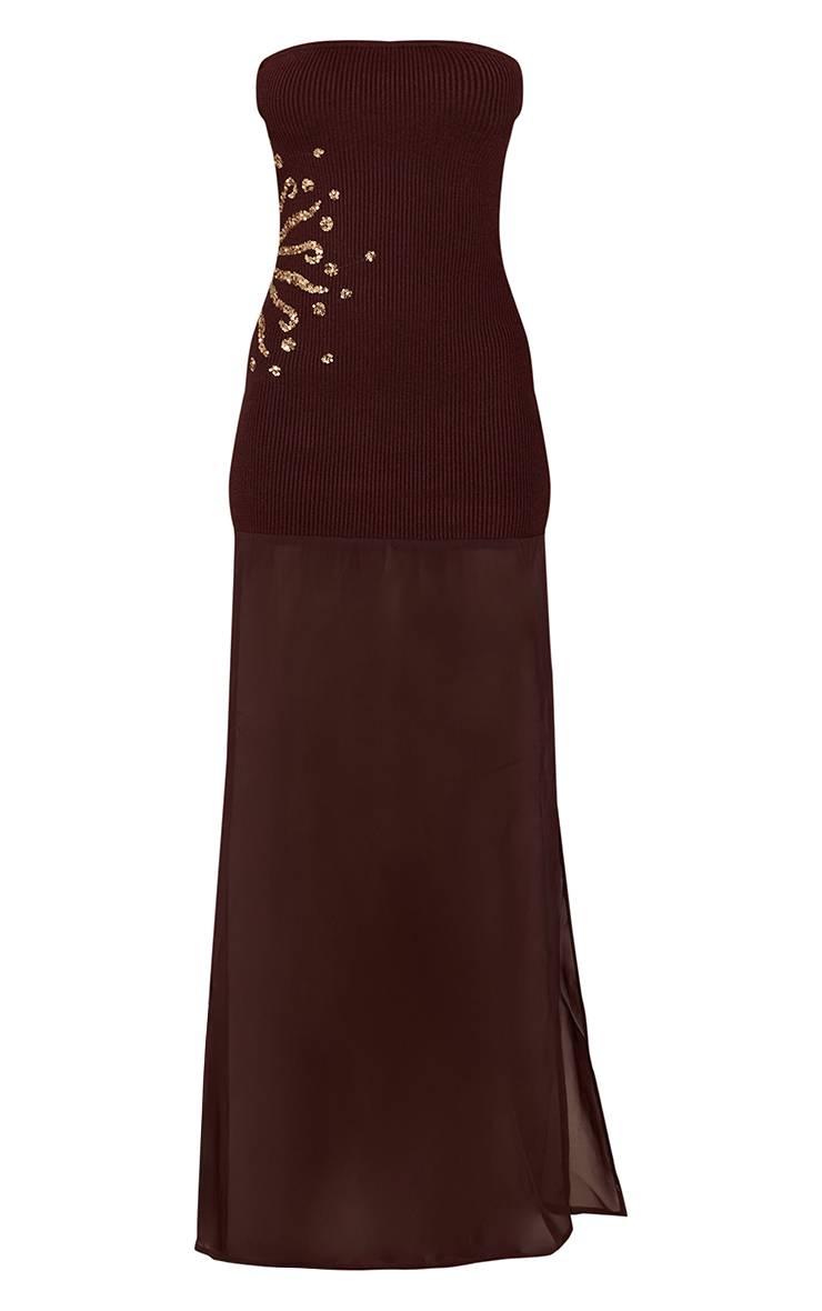 Chocolat Robe À Ourlet En Maille Transparente Avec Broderie De Sequins