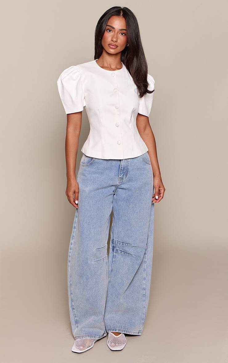 Blanc Top Petite Tissé À Boutons Et Manches Bouffantes