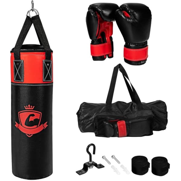 Bokseposesett med 8oz boksehansker Håndstropper Bag Boksepose for barn og voksne Svart + Rød