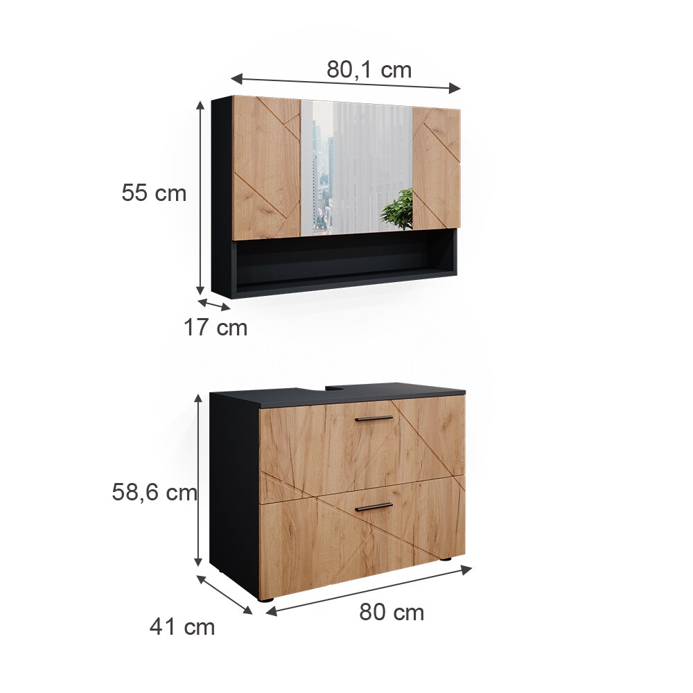 Vicco Badmöbelset Irma Anthrazit Eiche modern 80 cm Badezimmerschrank Badschrank Badezimmermöbel Waschtischunterschrank Spiegelschrank Schranktür Schrankfach Schrankschublade Ablage Aufbewahrung