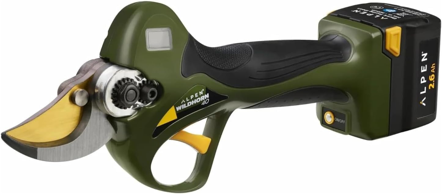 Alpen Swiss Tools Elektrische Gartenschere Wildhorn 40 - HSS-Titan-Klinge, 40 mm Schnittdurchmesser, 1 Li-Ion-Akkus, 3-fach-Ladegerät, Koffer & Zubehör