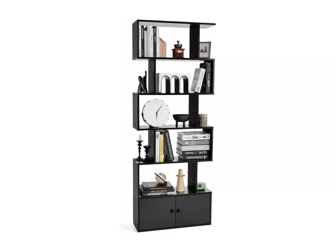 Bibliothèque avec 5 etagères en forme de s, compartiments 2 portes,70 x 23 x 183 cm, noir