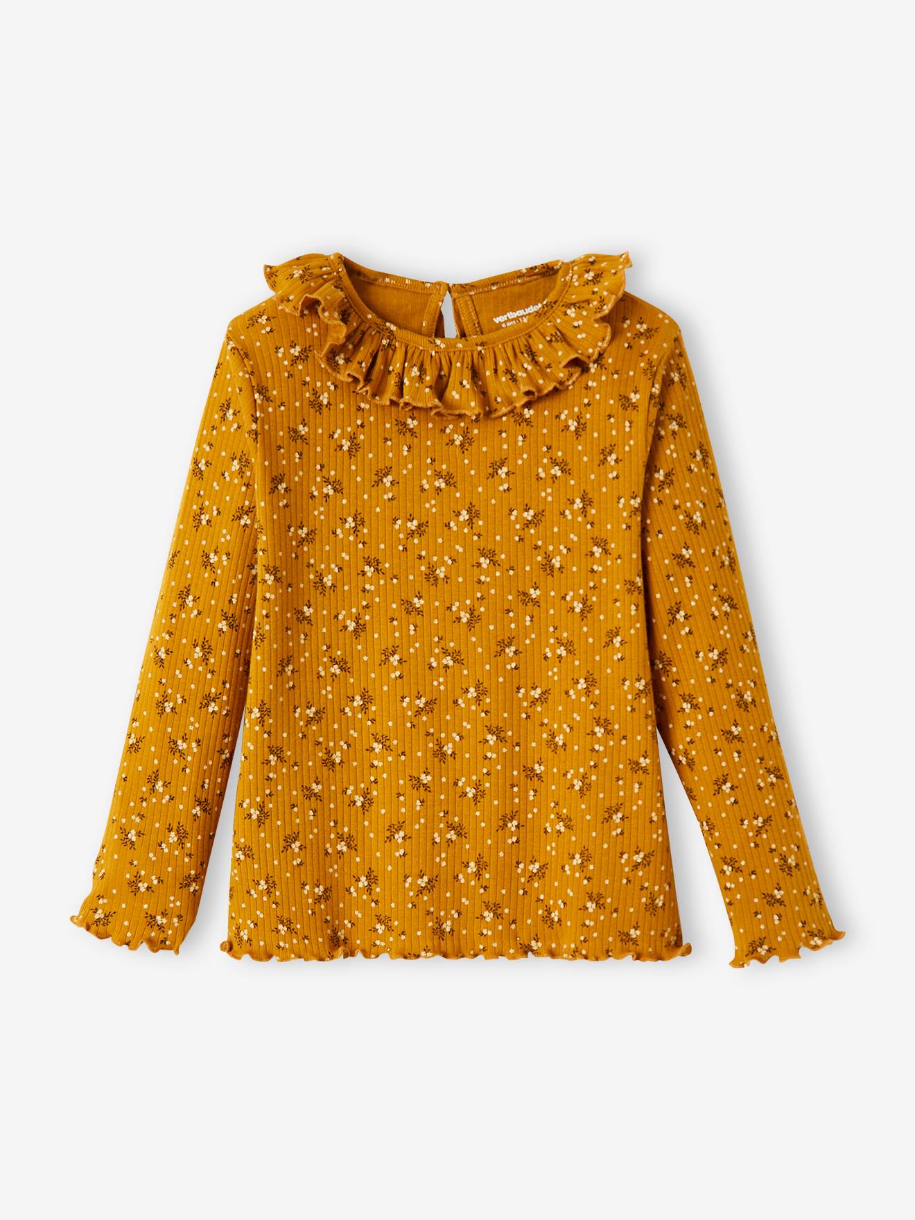 Camiseta floral canelada para meninas, estampa amarela escura