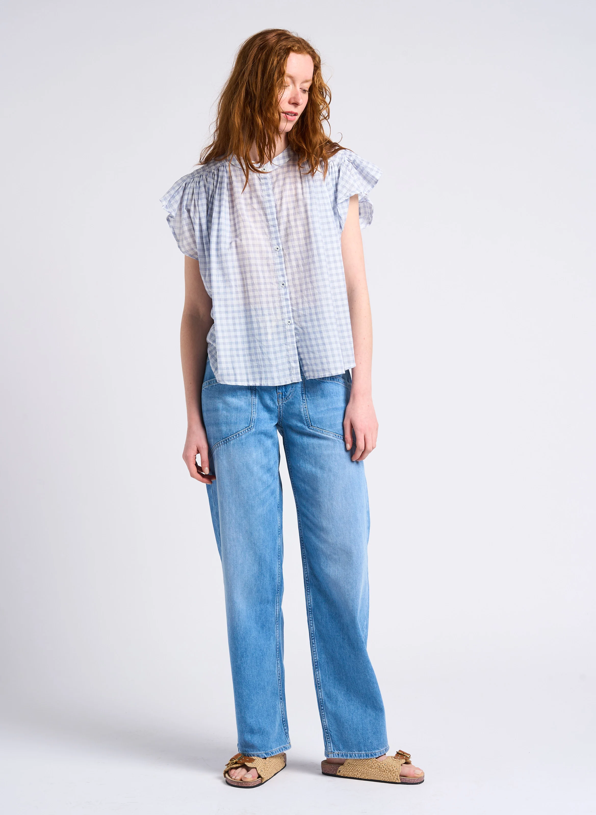 MIMA - Pantalon large taille haute en coton | Bleu