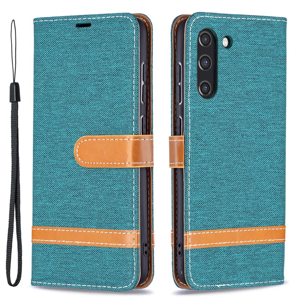 Samsung Galaxy S21 FE 5G Stoff Tasche im Jeans Look mit Kartenfach   Magnetverschluss - Grün / Braun
