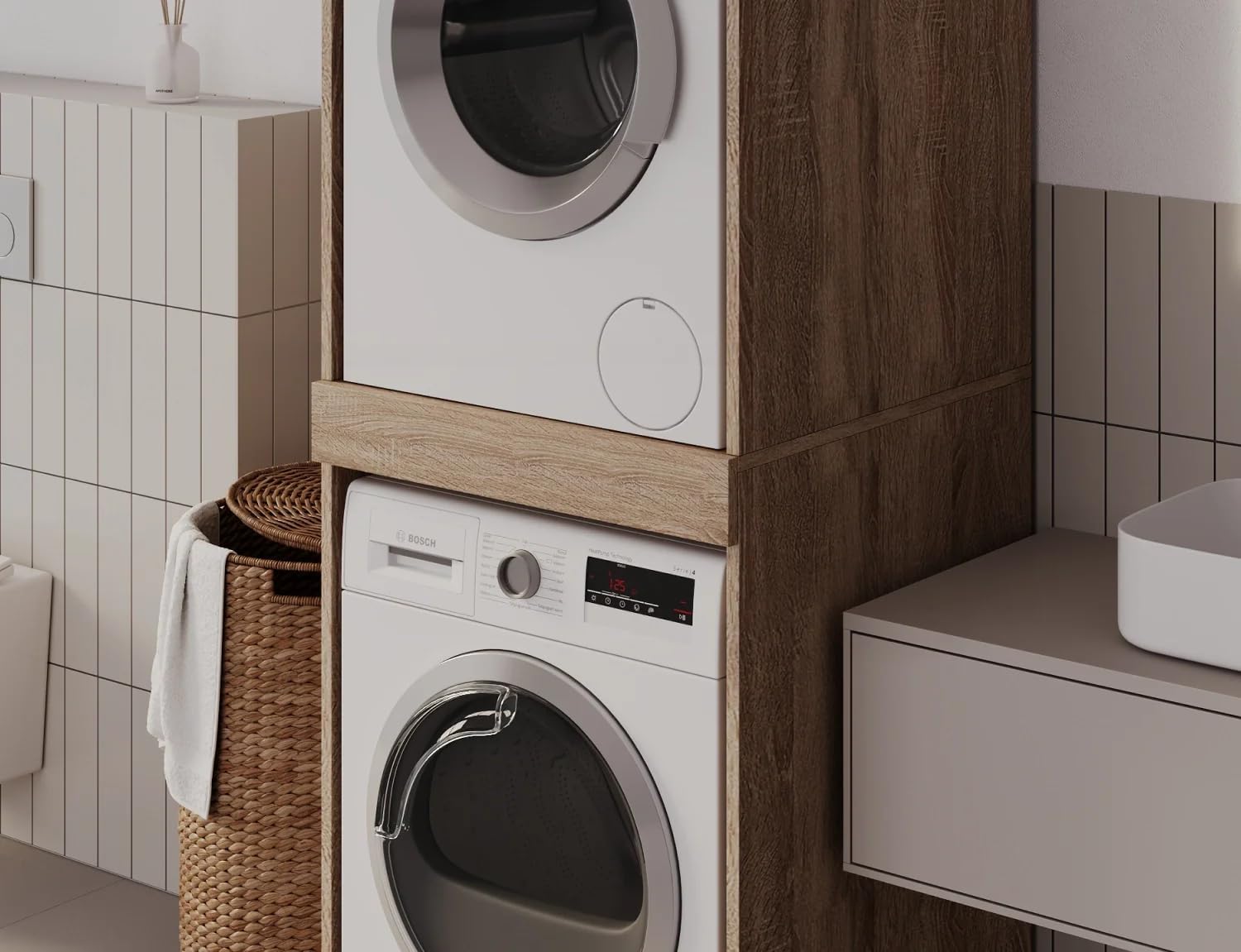 PLATAN ROOM Waschmaschine Trockner Schrank mit Ausziehbrett • Waschmaschinenschrank für Waschmaschine & Wäschetrockner • Überbauschrank 187 x 65 x 66 cm (Eiche Sonoma)