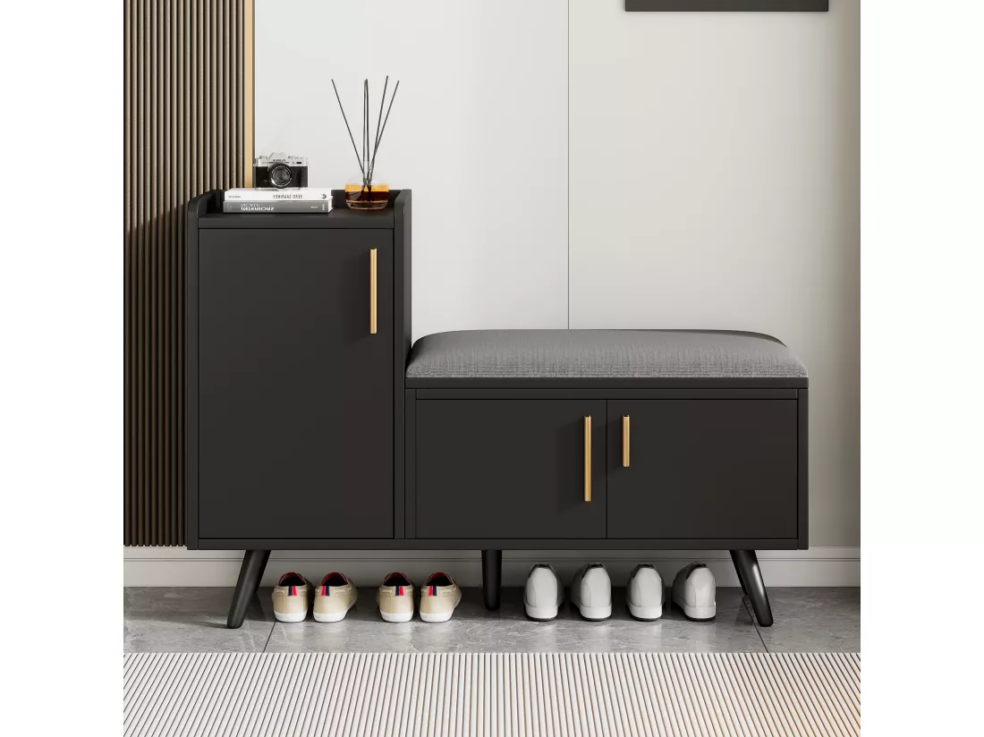 Banc à chaussures moderne avec 3 portes et coussin - pièds et poignées en métal - coloris noir - 100 x 34 x 69 cm