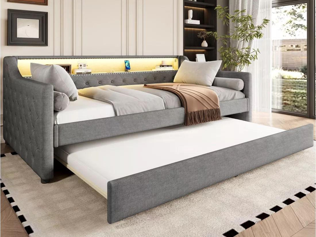 Canapé-lit 90 x 200 cm - avec éclairage LED - avec lit gigogne - avec USB - lin - avec sommier à lattes - gris