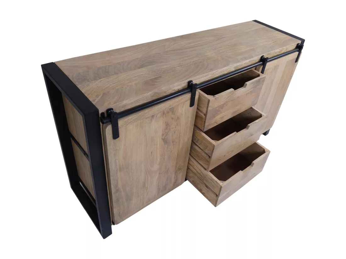 Buffet avec 2 portes et 3 tiroirs en bois de manguier et métal - Naturel et noir - HARLEM II