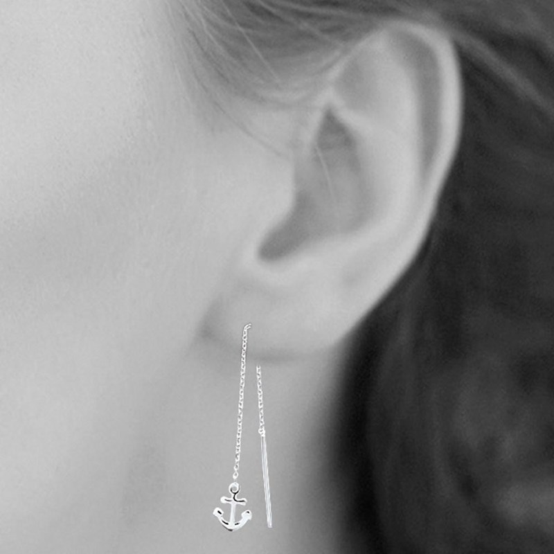 Boucles d'oreilles ancre marine traversantes chaînes pendantes Argent 925 Rhodié
