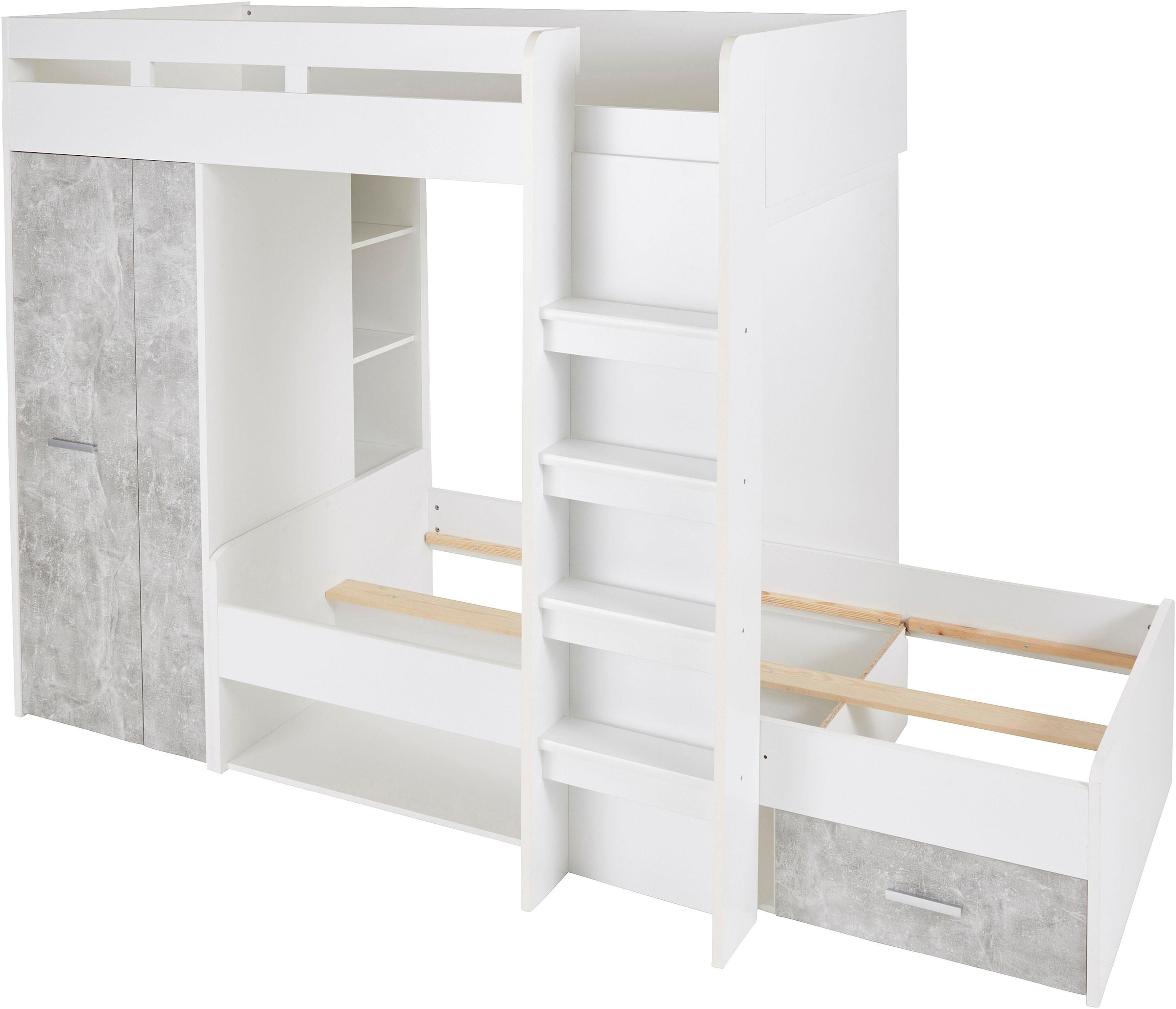 Begabino Hochbett »MAXI« mit 2 Liegeflächen, Kleiderschrank und Regalen