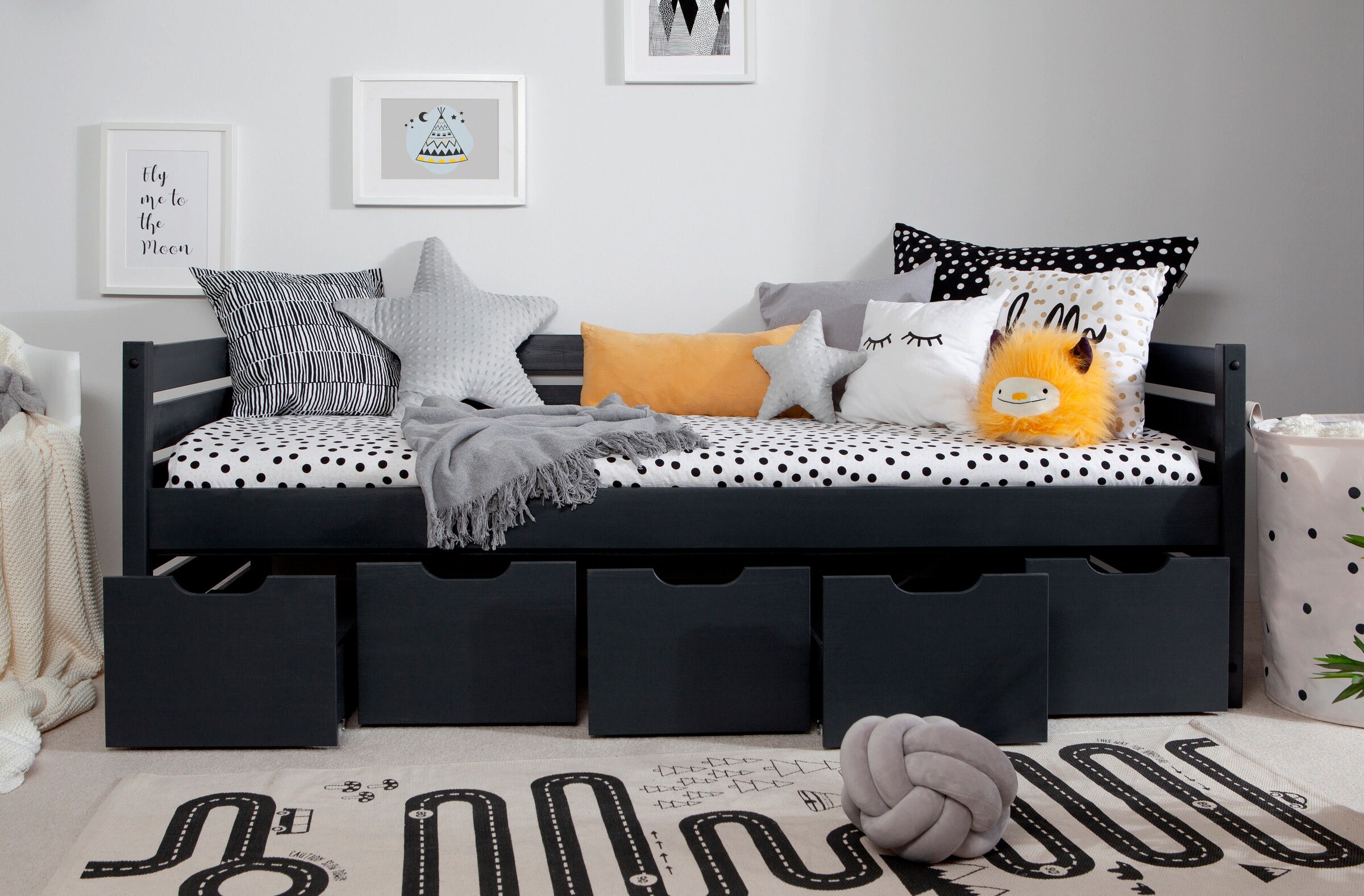 Ticaa Sofabett Naomi inkl. 5x Schubkästen, 90x200 Grau