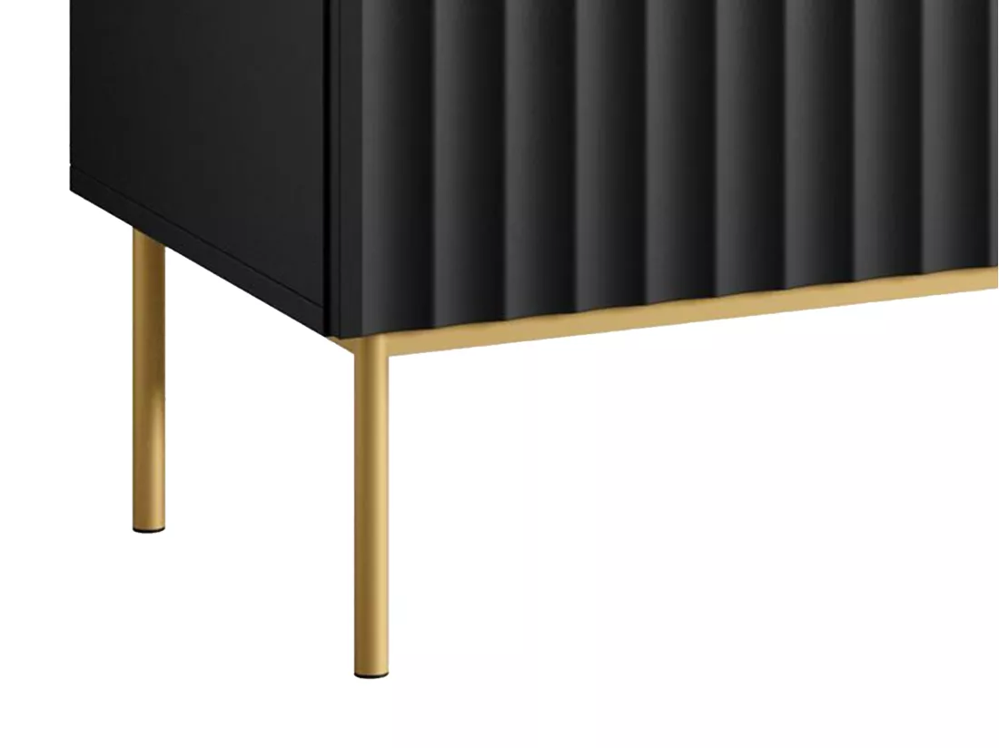 Meuble TV avec 2 portes, 2 tiroirs et 2 niches en MDF et acier - Noir et doré - EVILANA