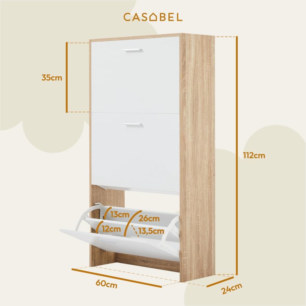 CASABEL Meuble à Chaussures Moderne 3 Abattants - Rangement Chaussures 18 Paires - Blanc et Bois Clair - Meuble en Bois - Dimensions L60xP24xH113 cm - Grande Capacité - Facile à Installer ZL6819792