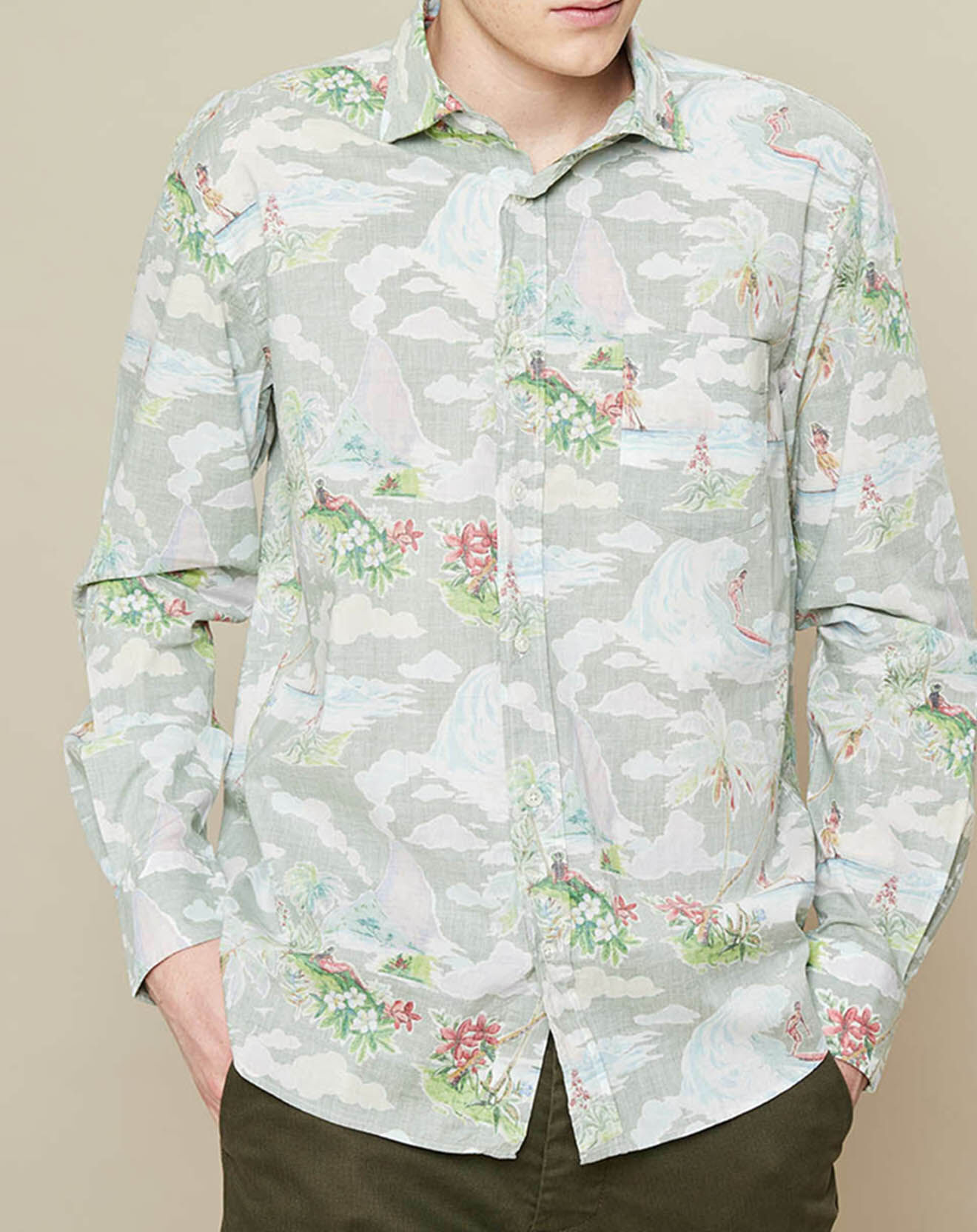 Hartford Chemise regular Paul imprimée kaki pâle