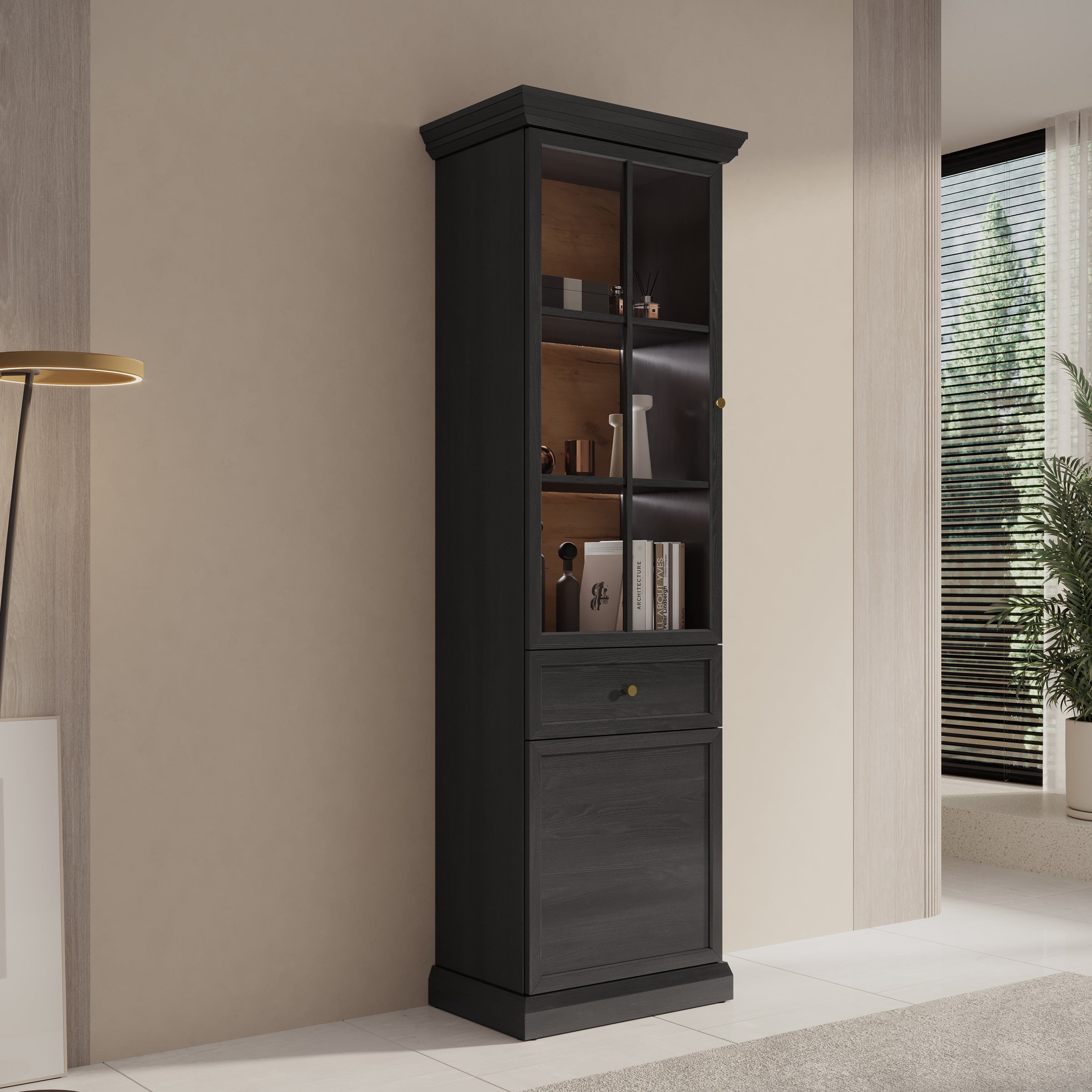 Meubella - Vitrinekast Leroy - Zwart eiken - 63 cm