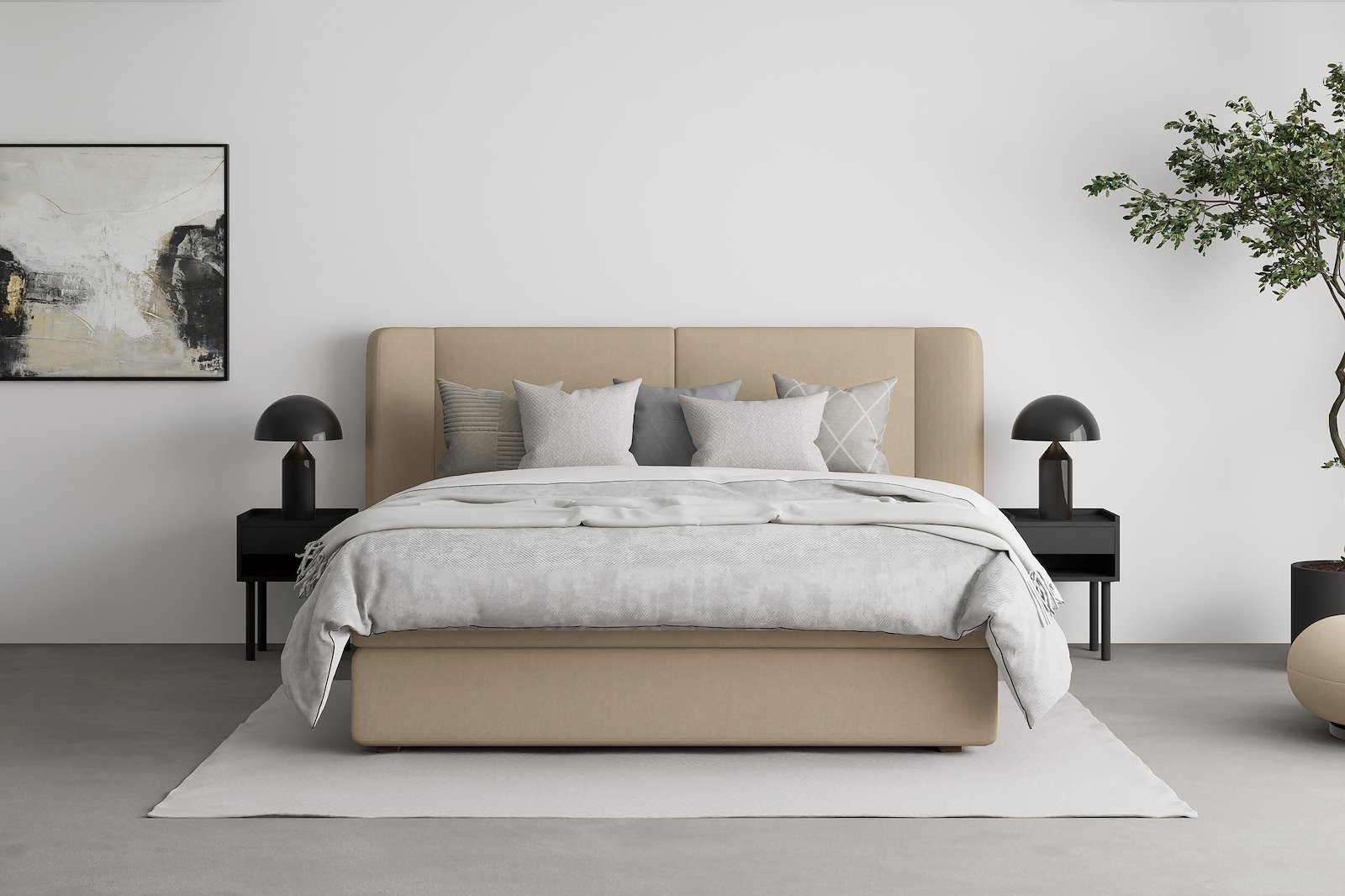 Premium LUX 3 kontinental 210x210 cm I tekstil Copenhagen 904 beige. Medium / medium med Premium lux 3 overmadrass og sort firkantede ben 10 cm, gavl selges separate