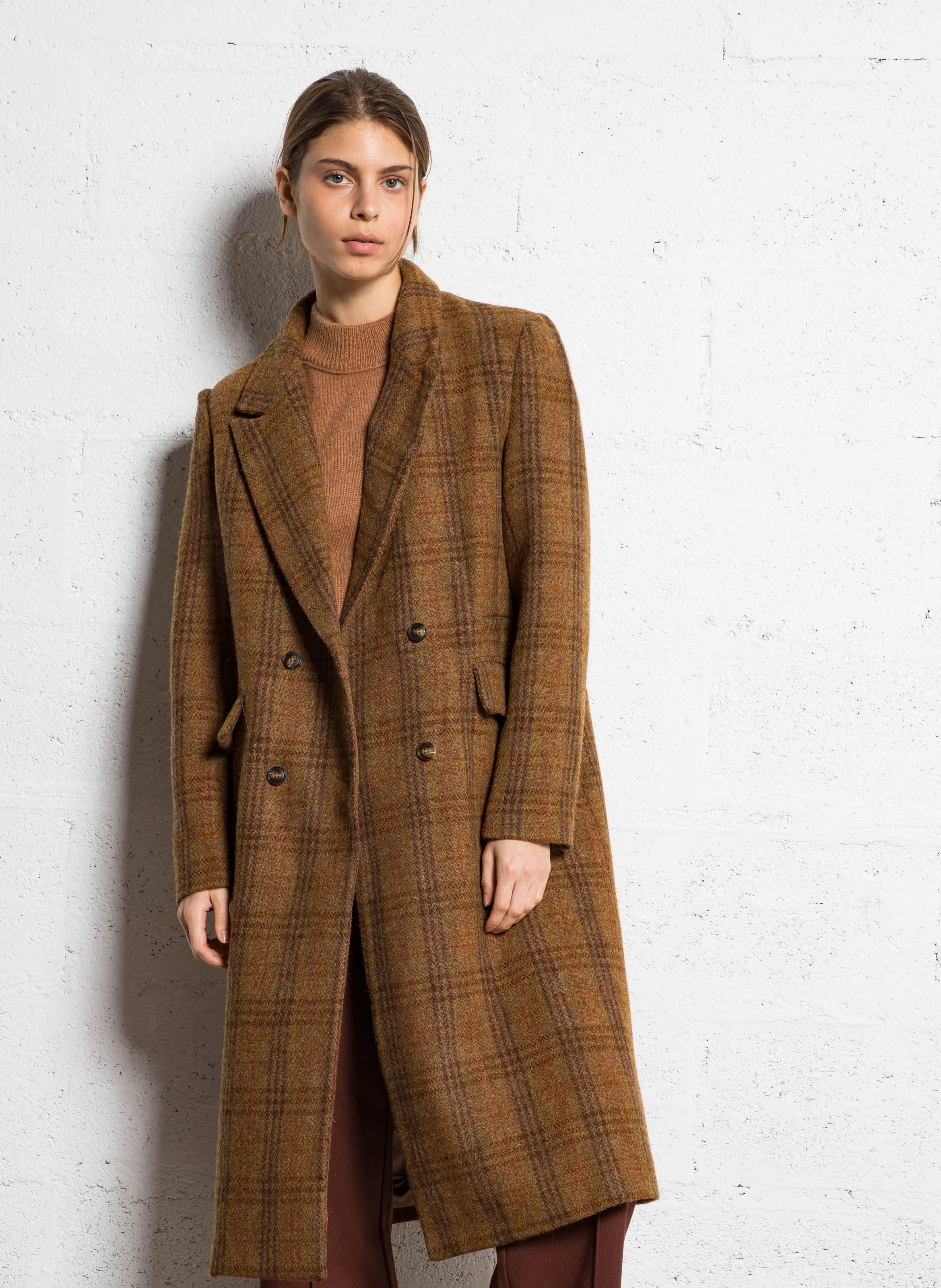Manteau long croisé en laine| Marron