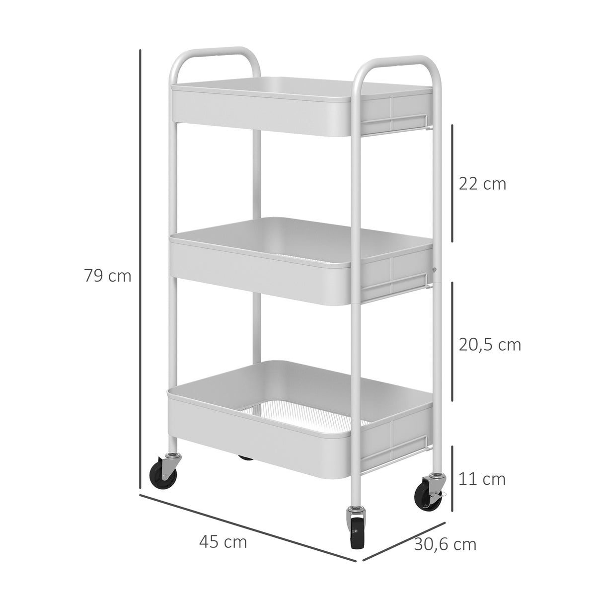 HOMCOM 3-laags serveerwagen, keukentrolley, opbergtrolley, bijzettafel voor keuken, woonkamer, staal, wit